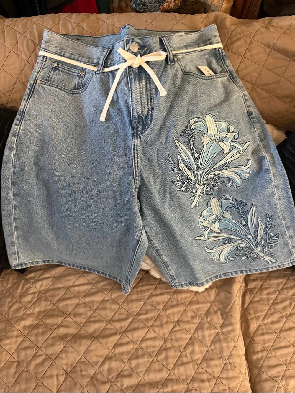 PacSun (The Met) Light Blue Denim Floral Applique Jean Shorts